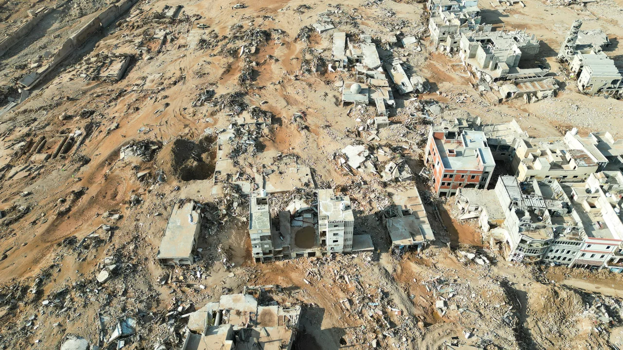 Aerial view of destroyed houses in the city of Derna on 16 September 2023, after a powerful storm and heavy rainfall hit Libya. Photo: Zohra Bensemra / Reuters