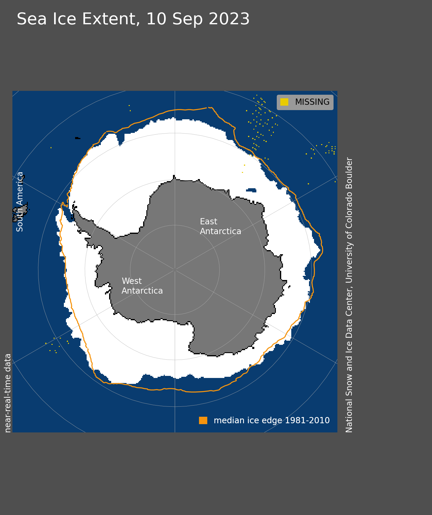 Antarctic sea ice extent for 10 September 2023, was 16.96 million square kilometers (6.55 million square miles). The orange line shows the 1981 to 2010 average extent for that day. Graphic: National Snow and Ice Data Center