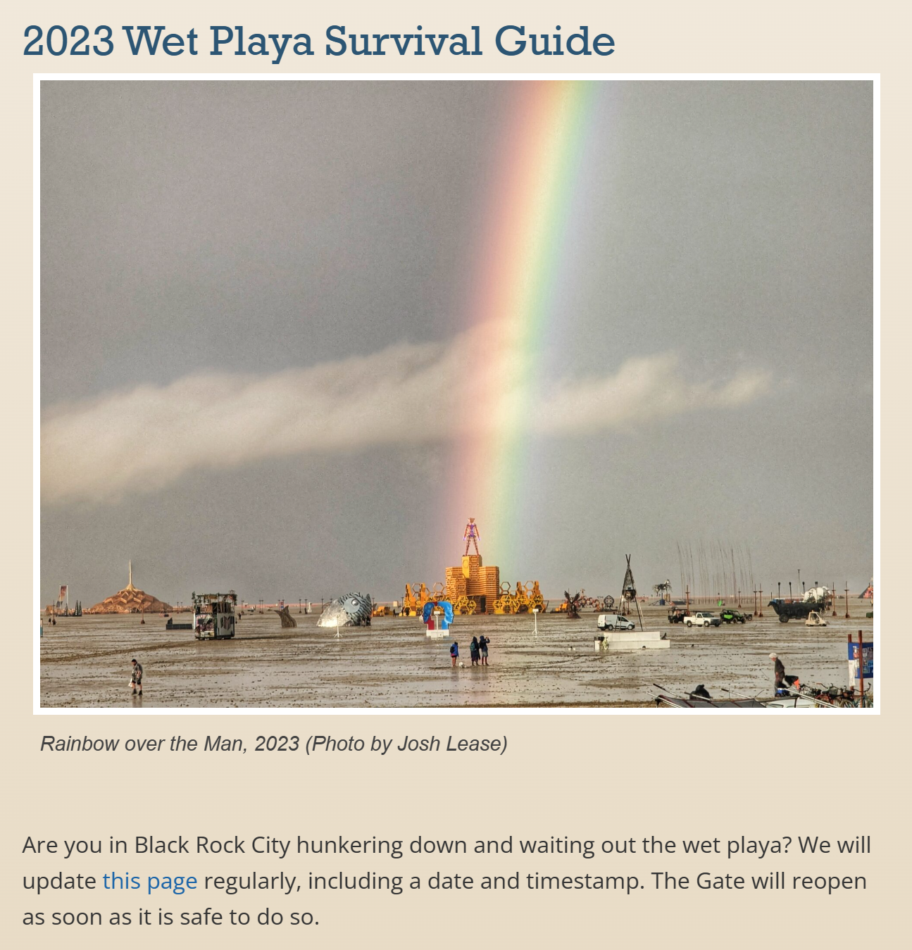 Screenshot of the “2023 Wet Playa Survival Guide” web page by organizers of the Burning Man festival, 3 September 2023. The vent was shut down due to heavy reanfall and flooding, leaving one dead and thousands stranded in the desert mud. Photo: “Rainbow over the Man, 2023” by Josh Lease Graphic: Burning Man