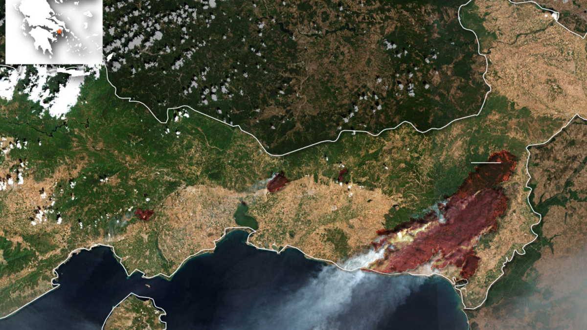 Satellite view of burned area and wildfires in Greece, 19 August 2023 - 14 September 2023. More than 672 square miles had burned through September 2023. Photo: European Union / Copernicus Sentinel / EO Browser