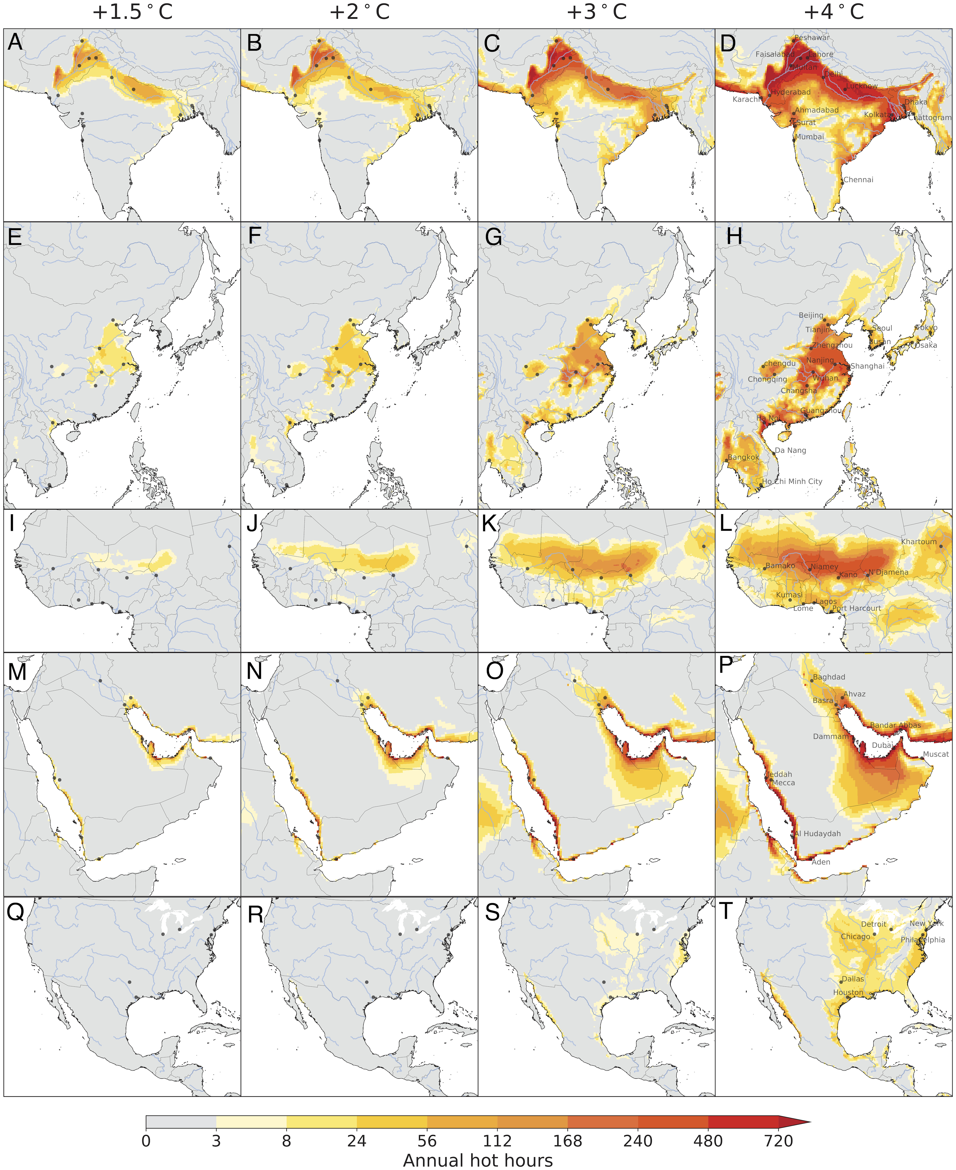 Map showing annual hot-hours over South Asia (A–D), East Asia (E–H), North Africa (I–L), Middle East (M–P), and North America (Q–T) under 1.5, 2, 3, and 4 °C of warming relative to preindustrial level. Graphic: Vecellio, et al., 2023 / PNAS