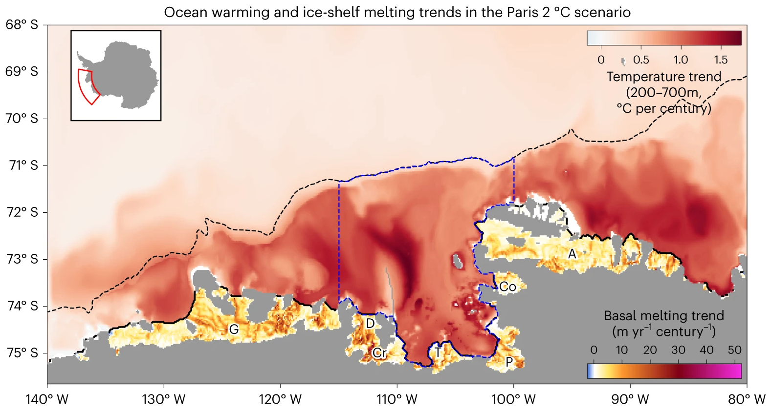 Map of ensemble mean trends in ocean temperature and ice-shelf basal melting in the West Antarctic Ice Sheet (WAIS) for the Paris 2°C scenario. Temperature is averaged over the depth range 200–700 m. Trends are calculated at each point using annually averaged fields from 2006–2100. White regions indicate no significant trend. The Amundsen Sea region visualized here (latitude–longitude projection) is outlined in red in the inset map of Antarctica (polar stereographic projection). The black dashed line shows the 1,750 m depth contour of the continental shelf break and the blue dashed line outlines the continental shelf region used for analysis. Labels denote ice shelves (G, Getz; D, Dotson; Cr, Crosson; T, Thwaites; P, Pine Island; Co, Cosgrove; A, Abbot). Graphic: Naughten, et al., 2023 / Nature