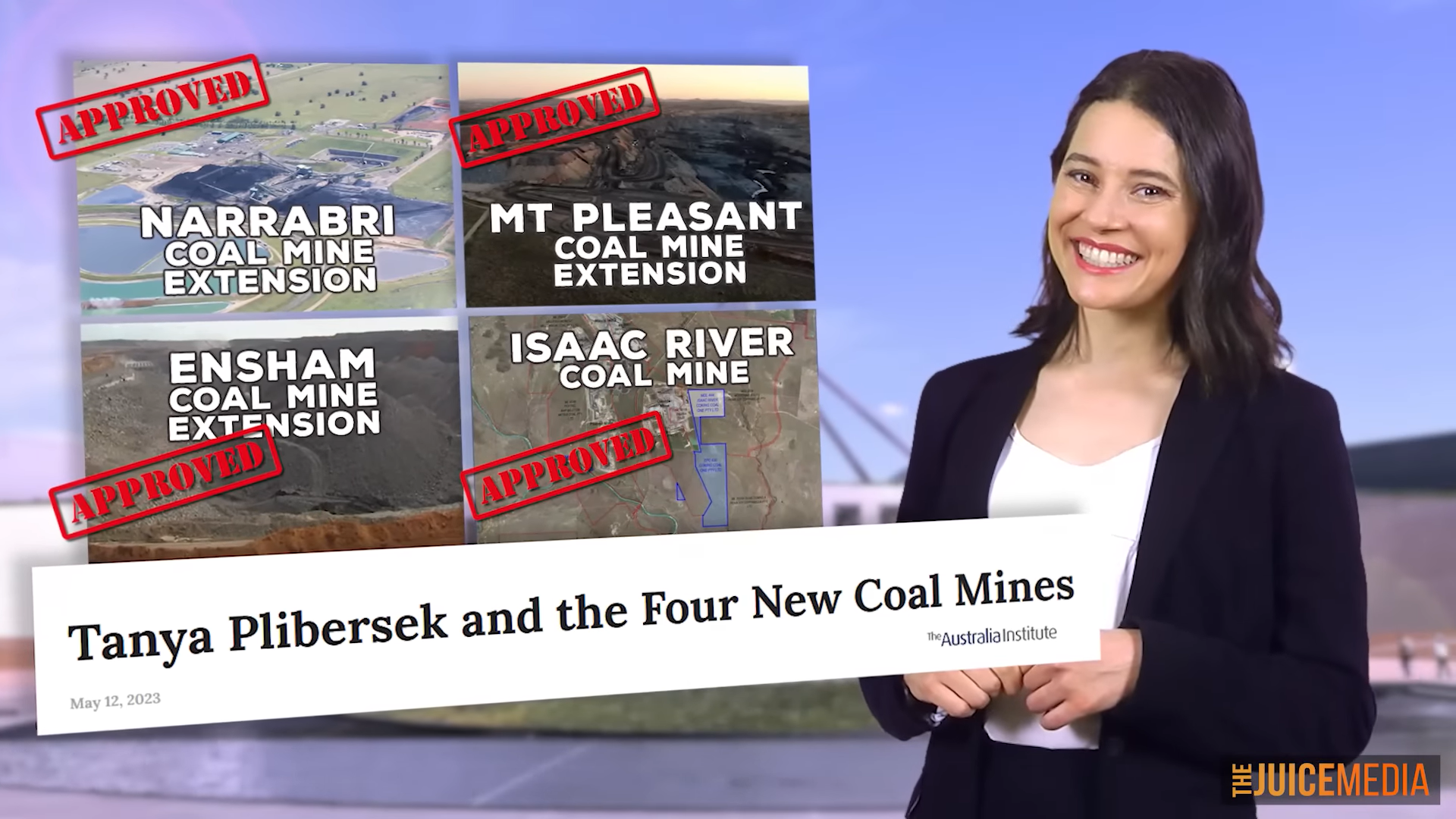 Screenshot from the “Honest Government Ad: COP31 🇦🇺 & the Pacific”, by The Juice Media, showing the approval of four coal mines in Australia on 11 May 2023: Narrabri Underground Mine (NSW), Mount Pleasant Mine (NSW),  Ensham Mine (QLD), and Isaac River (QLD). Photo: The Juice Media