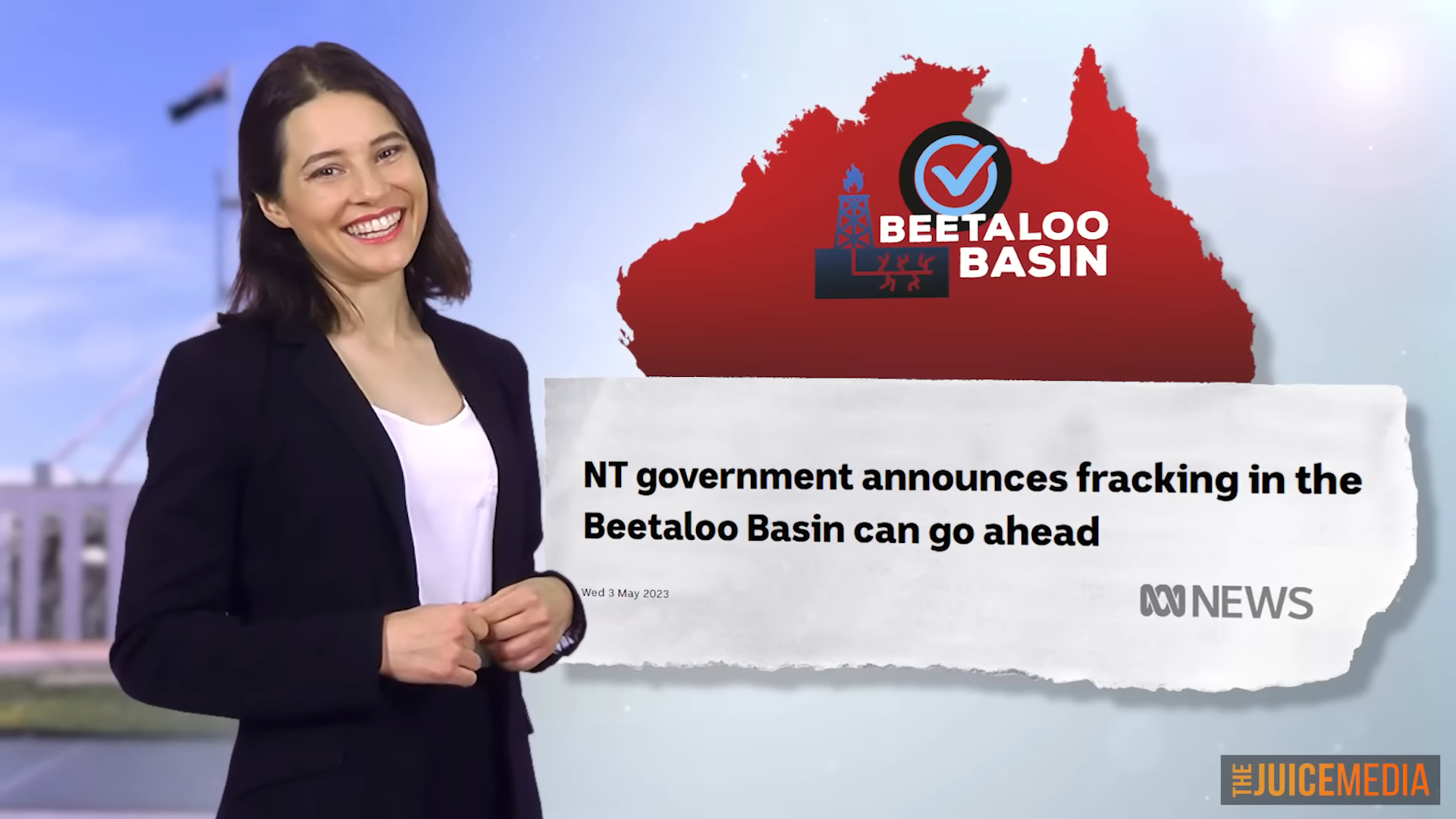 Screenshot from the “Honest Government Ad: COP31 🇦🇺 & the Pacific”, by The Juice Media, showing the approval of natural gas fracking in the Beetaloo Basin in Australia’s Northern Territory. Photo: The Juice Media