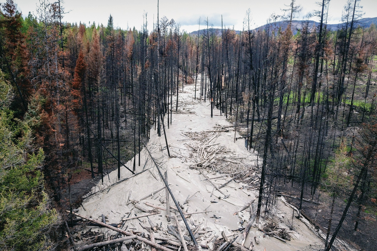 A post-wildfire debris flow in the burn scar of the Walker Creek Fire caused significant damage in central Washington in the summer of 2022. Photo: Washington State Department of Natural Resources