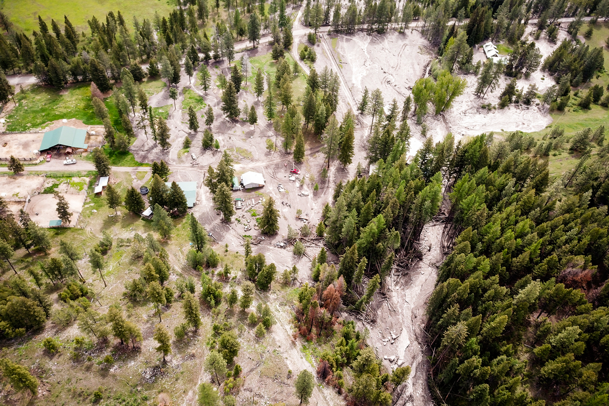 The Walker Creek Fire, which burned in the fall of 2021, created ideal conditions for a post-wildfire debris flow. The following summer, a slurry of mud, rocks and large woody debris damaged cars, roads and properties in central Washington. Photo: Washington State Department of Natural Resources