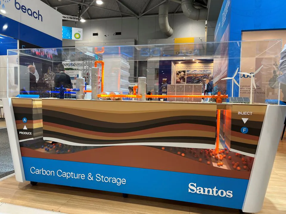 View of a model of carbon capture and storage designed by Santos Ltd, at the Australian Petroleum Production and Exploration Association conference in Brisbane, Australia, 18 May 2022. Photo: Sonali Paul / REUTERS