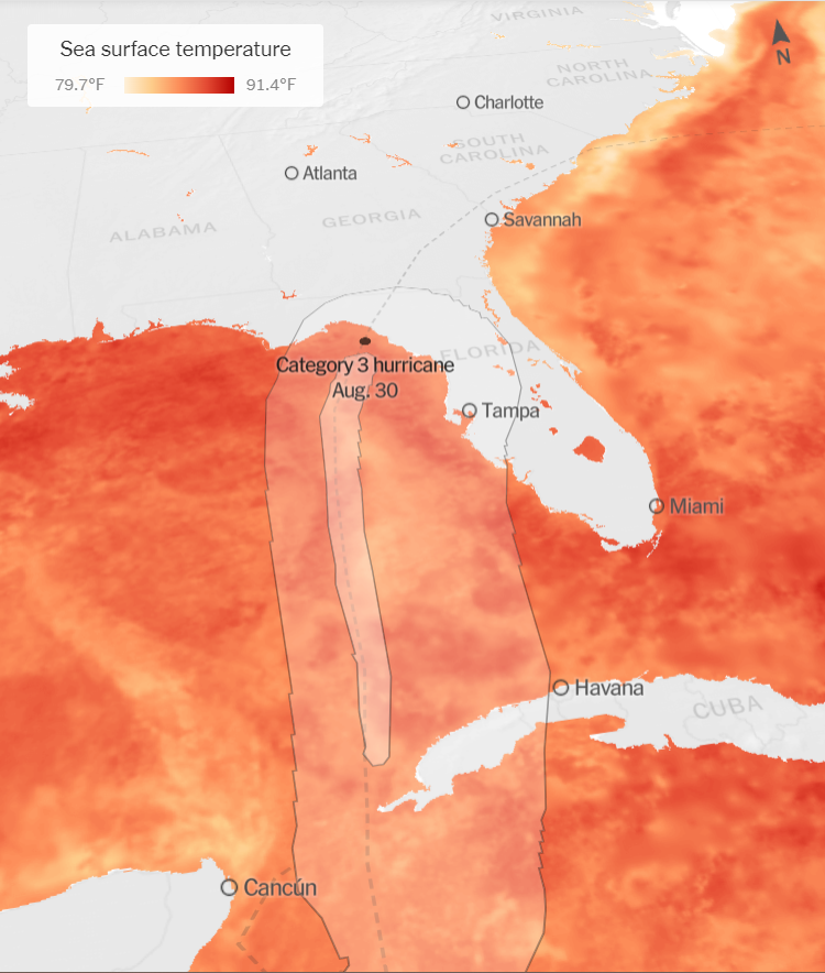 Storm track of Hurricane Idalia before it made landfall in Florida. The warm sea surface temperatures of the Gulf of Mexico fueled the storm, allowing it to strengthen to a Category 4 hurricane from a Category 1 just hours before making landfall on 30 August 2023. Graphic: The New York Times