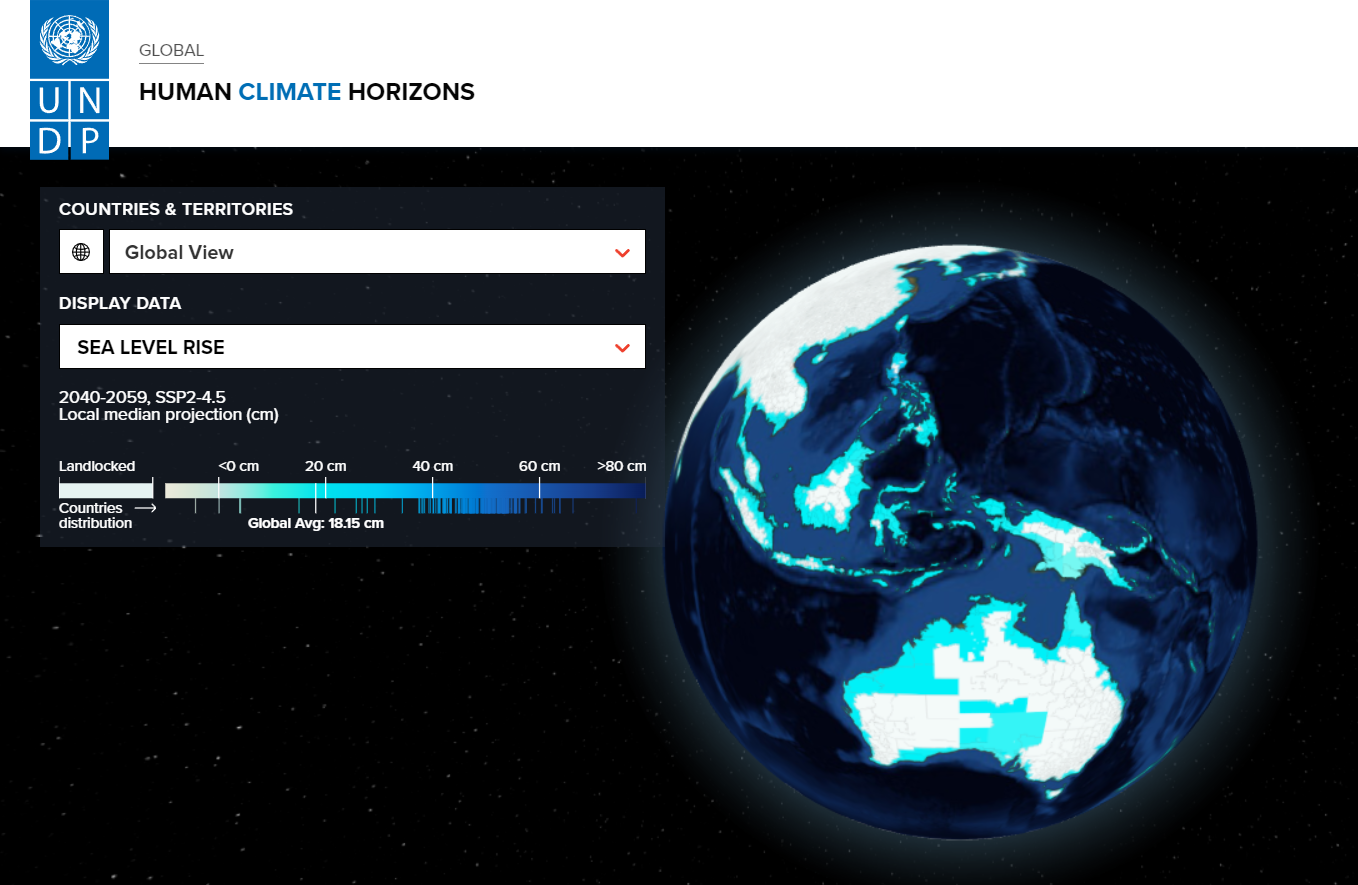 Screenshot of the Human Climate Horizons platform, showing projected sea level rise (cm) in the 2040-2059 time horizon under the intermediate carbon emissions scenario (SSP2-4.5). Australis, Southeast Asia, Indonesia, and and the Pacific islands of Oceania are shown. The global average sea level rise is projected to be more than 18 cm. Graphic: UNDP