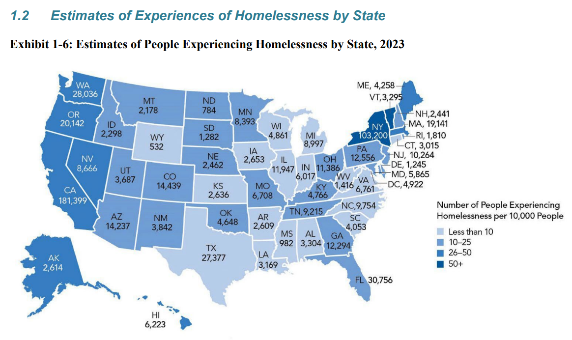 Map showing estimates of people experiencing homelessness by U.S. state, 2023. Graphic: U.S. Department of Housing and Urban Development