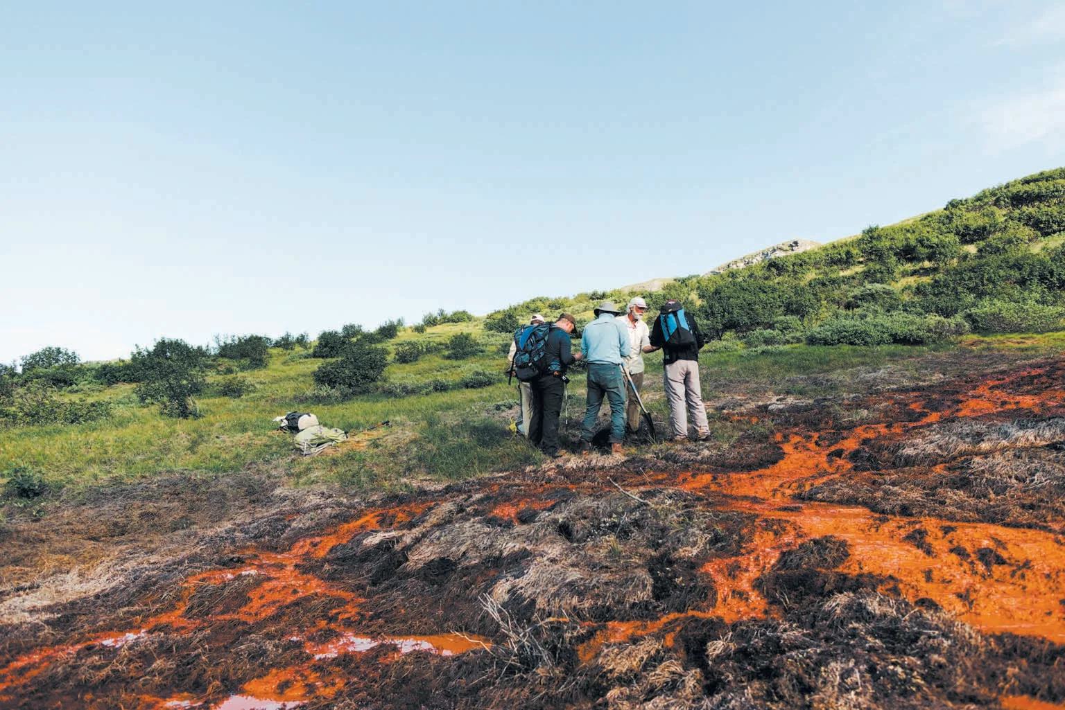Scientists compare data at a “burn” — a stretch of thawing ground where seeping water is so acidic it kills vegetation, turning it black — in northwestern Alaska’s Brooks Range. The orange color comes from the presence of iron mobilized by thawing permafrost. Photo: Taylor Roades / Scientific American