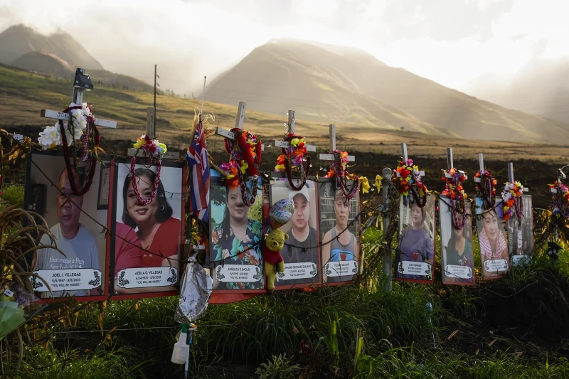 Photos of victims are seen placed under white crosses at a memorial for victims of the August wildfire above the Lahaina Bypass highway, Wednesday, 6 December 2023, in Lahaina, Hawaii. Photo: Lindsey Wasson / AP Photo