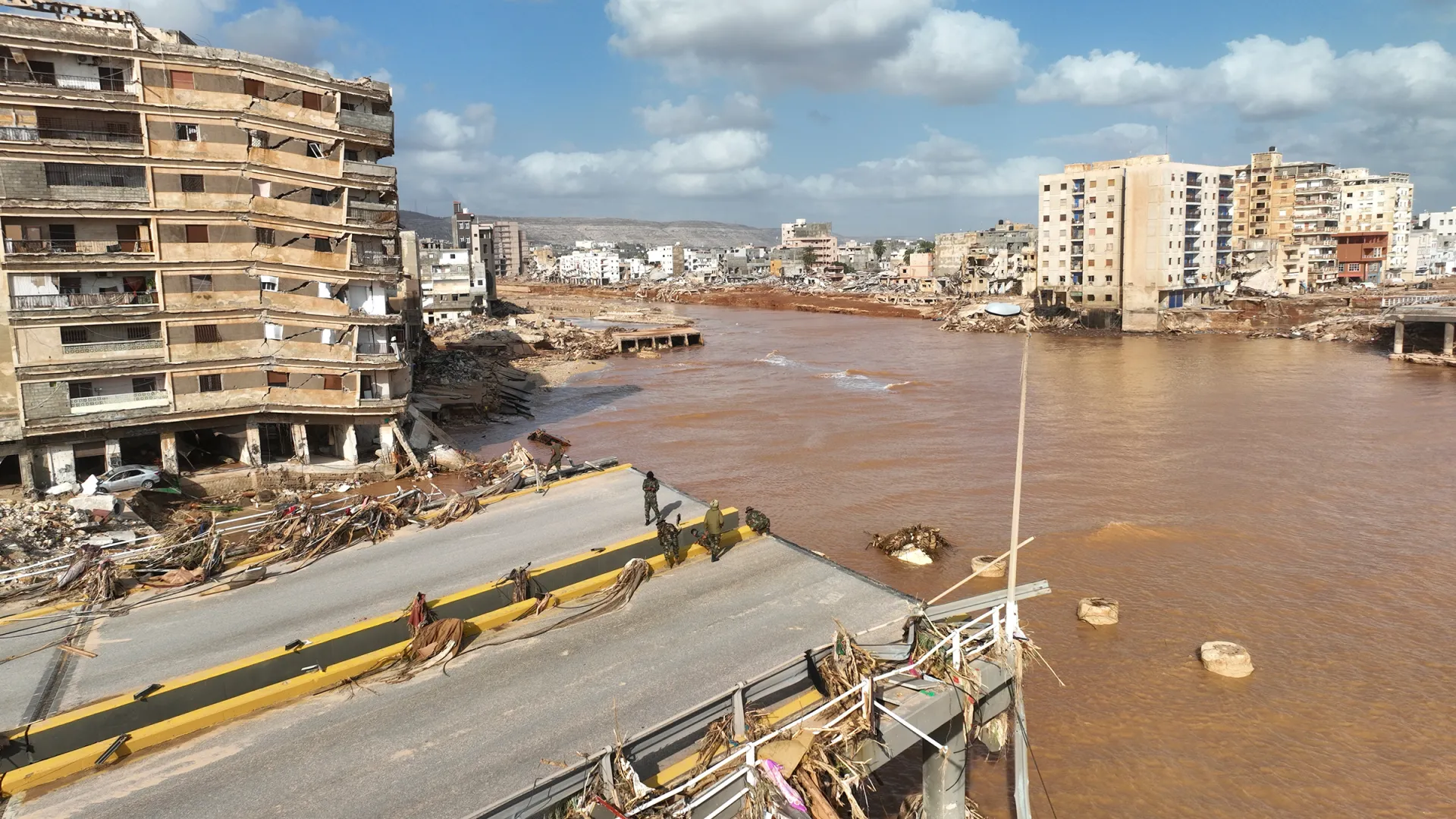 Floodwaters from Storm Daniel are visible in Derna, Libya, on 12 September 2023. Photo: Jamal Alkomaty / AP