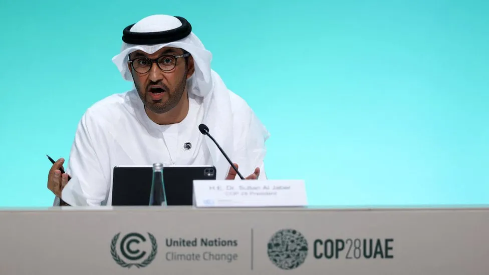 Sultan al-Jaber speaks during the United Nations Climate Change Conference (COP28) in Dubai. Photo: Amr Alfiky / Reuters
