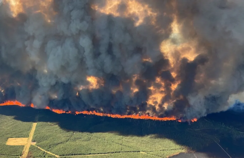 Aerial view of the Donnie Creek wildfire in northeastern British Columbia in May 2023. The massive blaze ripped across more than 1.44 million acres of land throughout the late spring and summer, making it the largest wildfire on record for the Canadian province. Photo: BC Wildfire Service