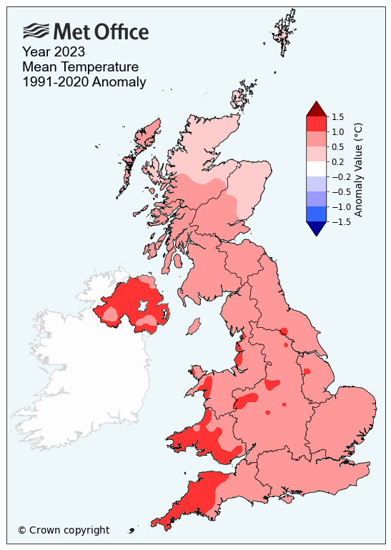 Map showing the Mean surface air temperature anomaly in the UK for 2023 compared to the 1991-2020 average. Graphic: Met Office
