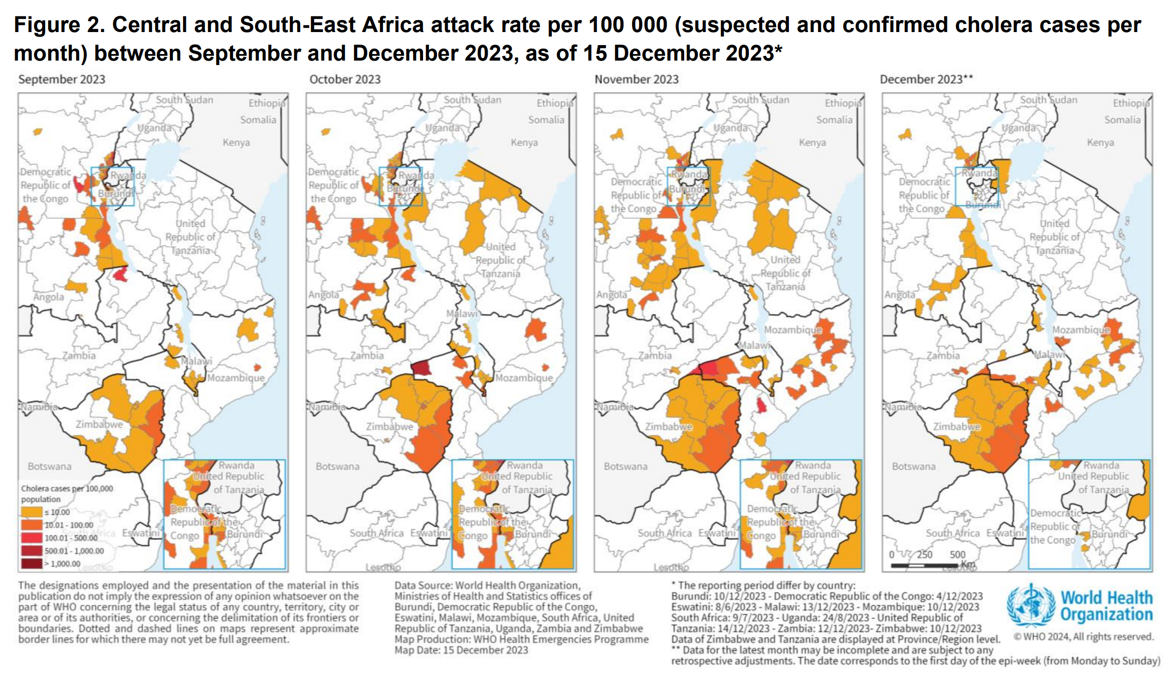 Maps showing Central and South-East Africa cholera attack rate per 100,000 people (suspected and confirmed cases per month) between September and December 2023, as of 15 December 2023. Graphic: WHO