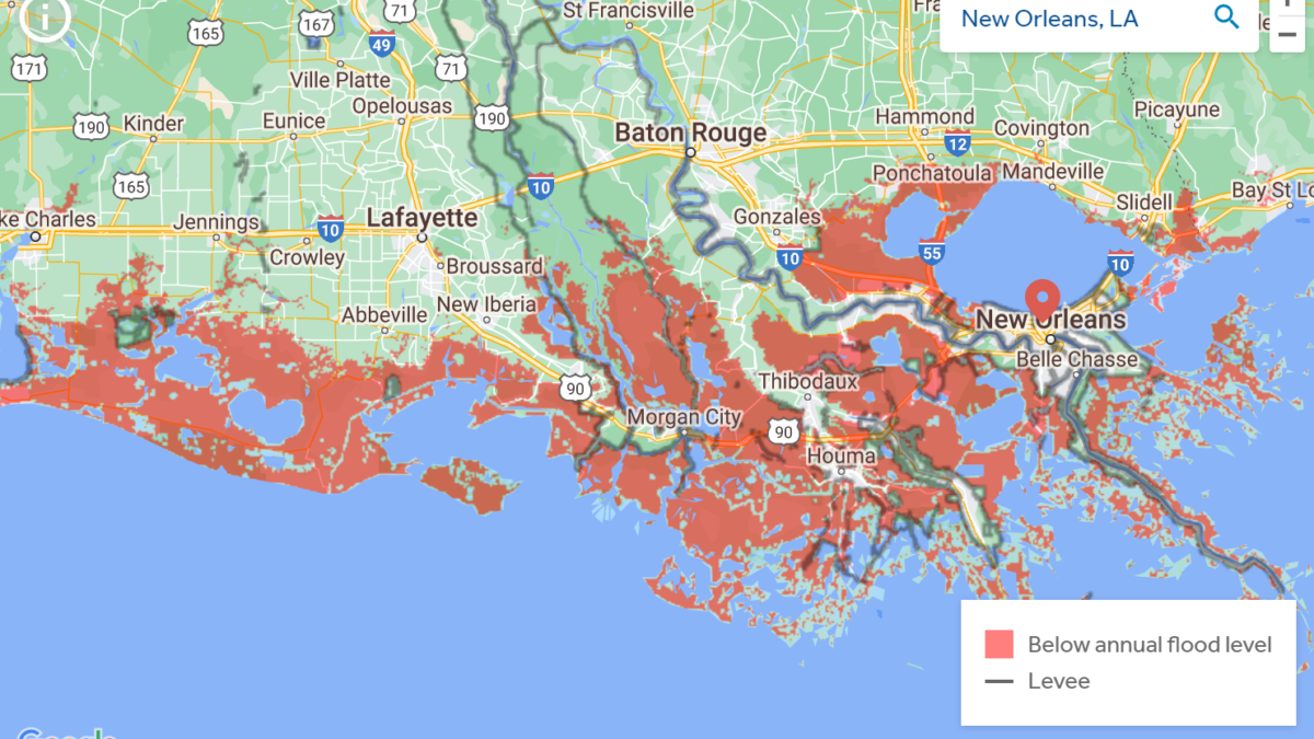 Map showing areas surrounding New Orleans underwater by 2050 if current trends in sea level rise continue. Graphic: Climate Central