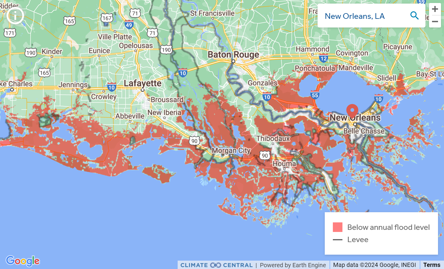 Map showing areas surrounding New Orleans underwater by 2050 if current trends in sea level rise continue. Graphic: Climate Central
