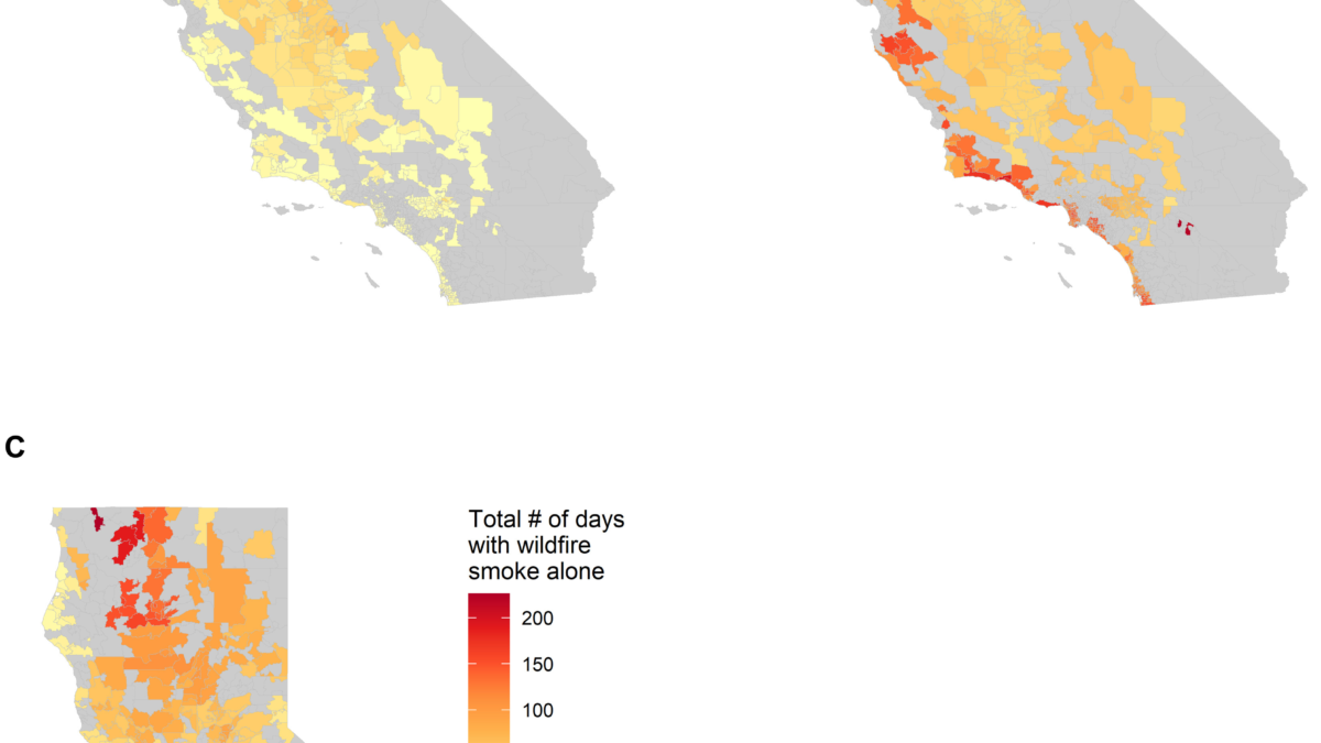 Spatial distribution of the total number of exposed days in 995 California ZIP Code Tabulation Areas (ZCTA) from 2006 to 2019 under the main analysis definition for climate hazards (85th percentile for extreme heat and 15 μg/m3 for wildfire PM2.5). (A) Compound exposure, (B) extreme heat alone, and (C) wildfire smoke alone. Gray color represents excluded ZCTA that has a population of ≤1000 or lacks any exposed day (extreme heat alone, wildfire smoke alone, or both). Graphic: Chen, et al., 2024 / Science Advances