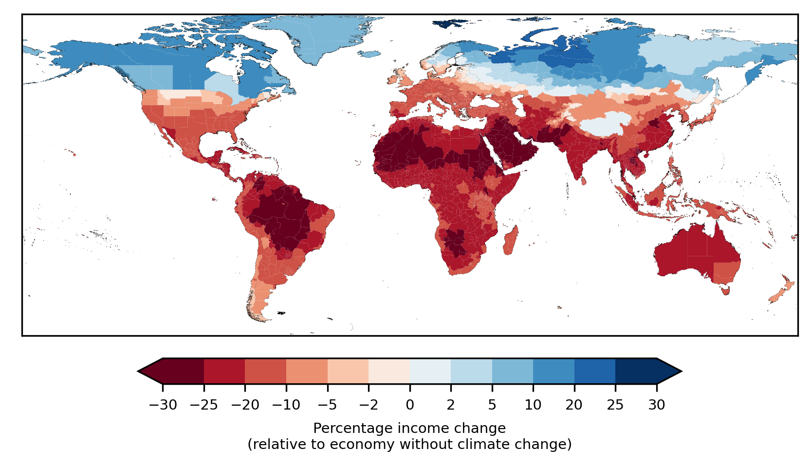 Map showing projected income changes in 2049 compared to an economy without climate change. Income changes are committed in the sense that they are caused by historical emissions. Photo: Kotz et al., 2024 / Nature