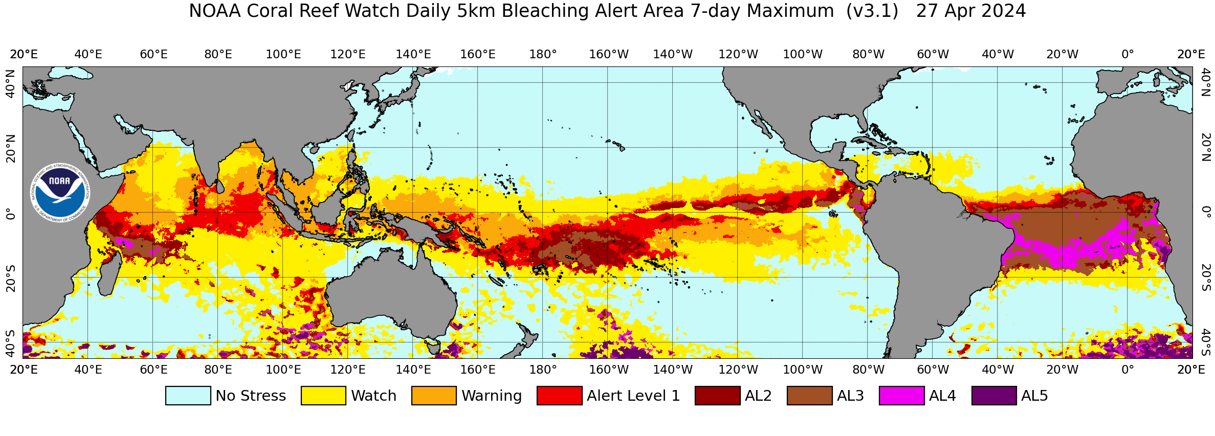 Map showing the NOAA Coral Reef Watch (CRW) daily global 5km satellite Bleaching Alert Area (7-day maximum) for 27 April 2024. Graphic: NOAA