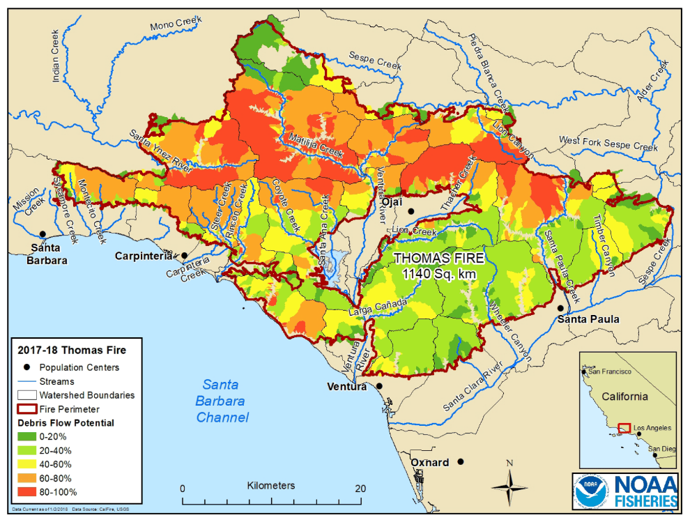 Map showing Thomas Fire and Debris Flow Potential within the Monte Arido BPG. Other major fires within this BPG since 2016 include: Hill Fire (2018) and Maria Fire (2019). Note: The map identifies where debris flows may be initiated, but does not depict the eventual course of debris flow material. Data: U.S. Geological Survey, Landslide Hazards Program. Graphic: U.S. Geological Survey 2020