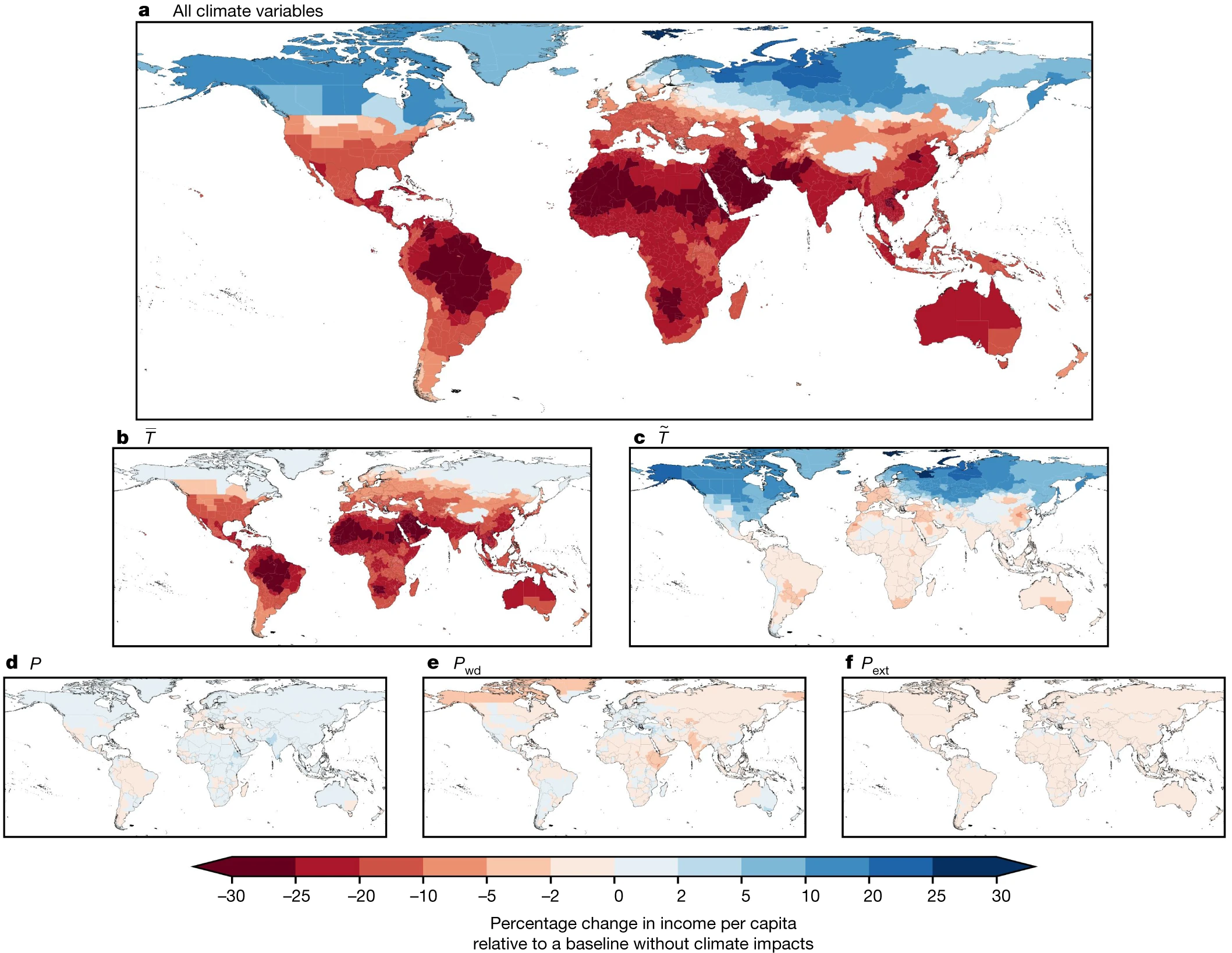 The committed economic damages of climate change by sub-national region and climatic component. Estimates of the median projected reduction in sub-national income per capita across emission scenarios (SSP2-RCP2.6 and SSP2-RCP8.5) as well as climate model, empirical model and model parameter uncertainty in the year in which climate damages diverge at the 5 percent level (2049, as identified in Fig. 1). a, Impacts arising from all climate variables. b–f, Impacts arising separately from changes in annual mean temperature (b), daily temperature variability (c), total annual precipitation (d), the annual number of wet days (>1 mm) (e) and extreme daily rainfall (f) (see Methods for further definitions). Data on national administrative boundaries are obtained from the GADM database version 3.6 and are freely available for academic use (https://gadm.org/). Graphic: Kotz, et al., 2024 / Nature