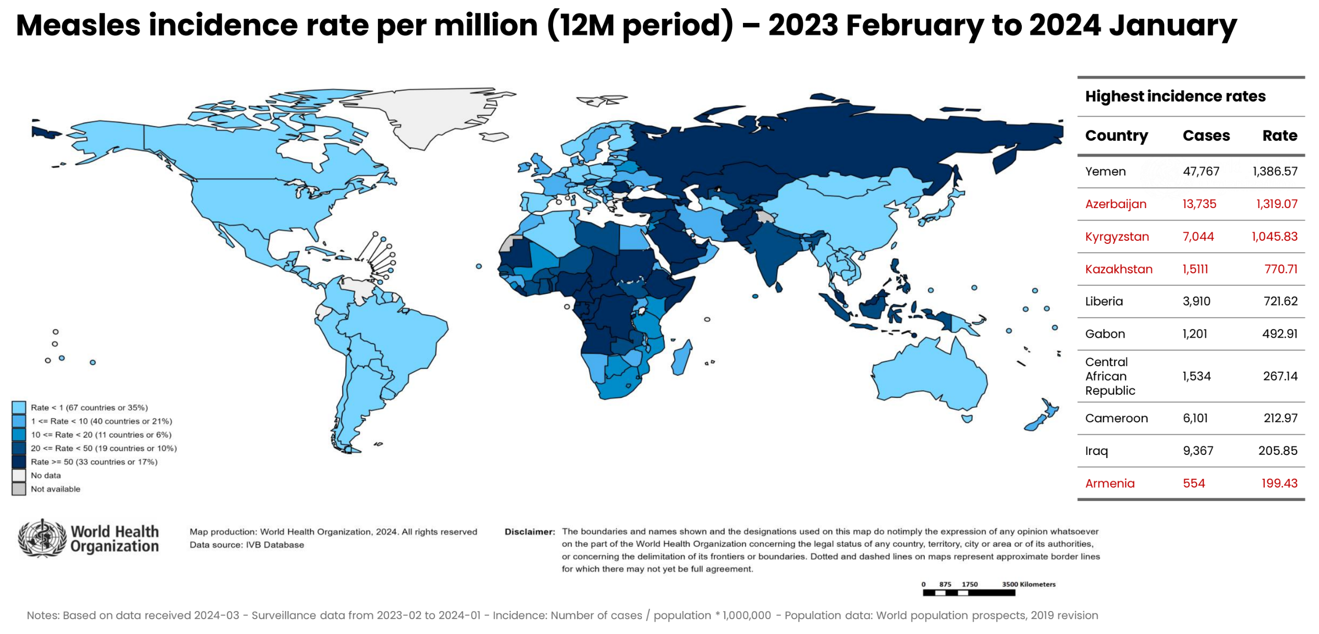 Map showing measles incidence rate per million (12M period), 2023 February to 2024 January. Graphic: WHO