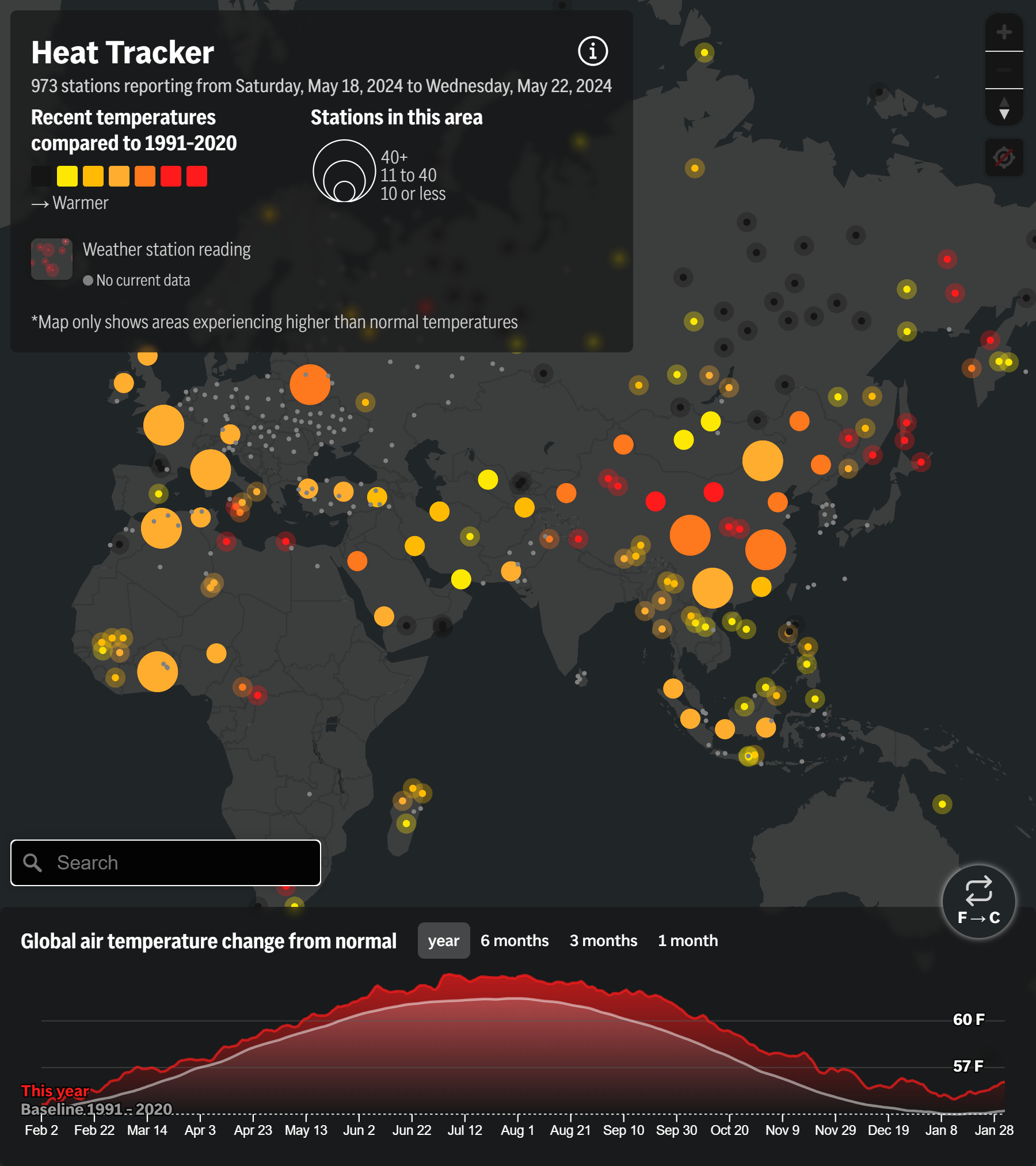 Heat Tracker map showing 973 temperature stations reporting from Saturday, 18 May 2024 to Wednesday, 22 May 2024. Temperatures are compared to 1991-2020. Graphic: AP News