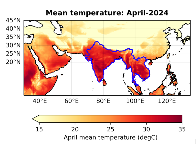 Map showing April 2024 mean temperature in South Asia. The blue outline shows the region with the most extreme heat. Graphic: World Weather Attribution