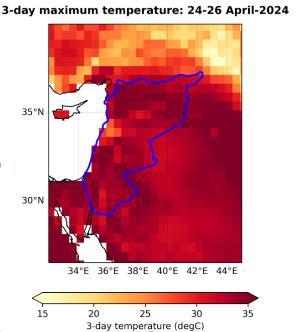 3-day maximum temperature in West Asia, 24-26 April 2024. The blue outline shows the region with the most extreme heat. Graphic: World Weather Attribution