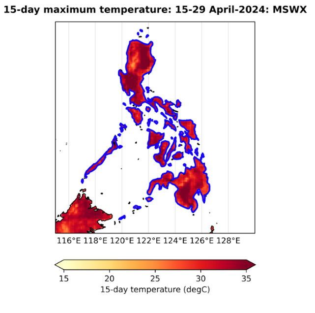 15-day maximum temperature in the Philippines, 15-29 April 2024. The blue outline shows the region with the most extreme heat. Graphic: World Weather Attribution