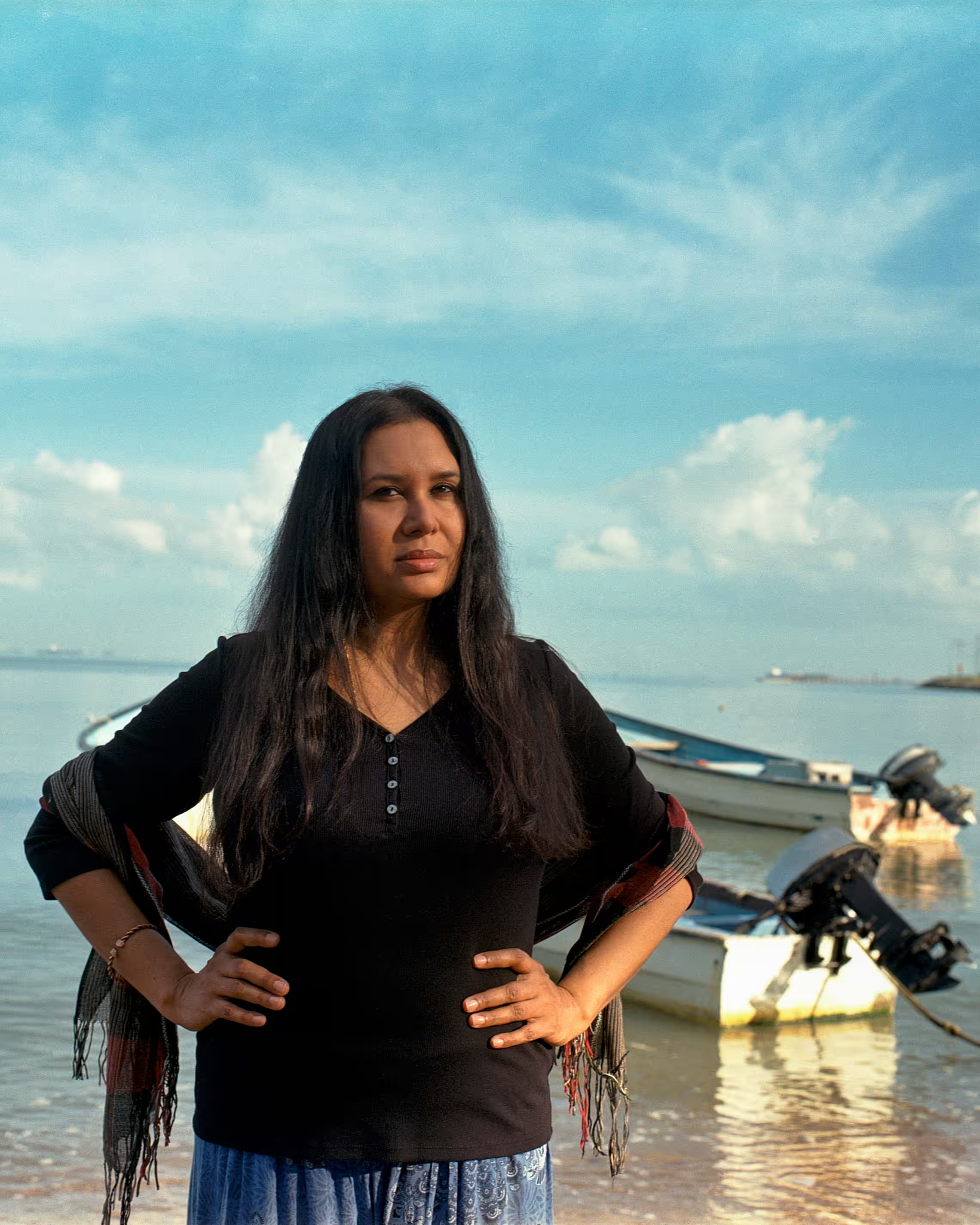 Dr Shobha Maharaj in San Fernando, Trinidad, where stabilisation works have been carried out in an attempt to preserve the coastline. Photo: Kelly Ann Bobb / The Guardian