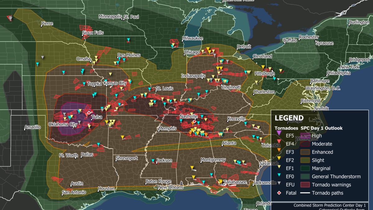 Map of confirmed tornadoes and tornado warnings by the National Weather Service during the tornado outbreak of 6-9 May 2024. Map produced in QGIS. National Weather Service warning outlines available from the Iowa Environmental Mesonet and tornado data available from the National Centers for Environmental Information. Graphic: Wxtrackercody / Wikipedia