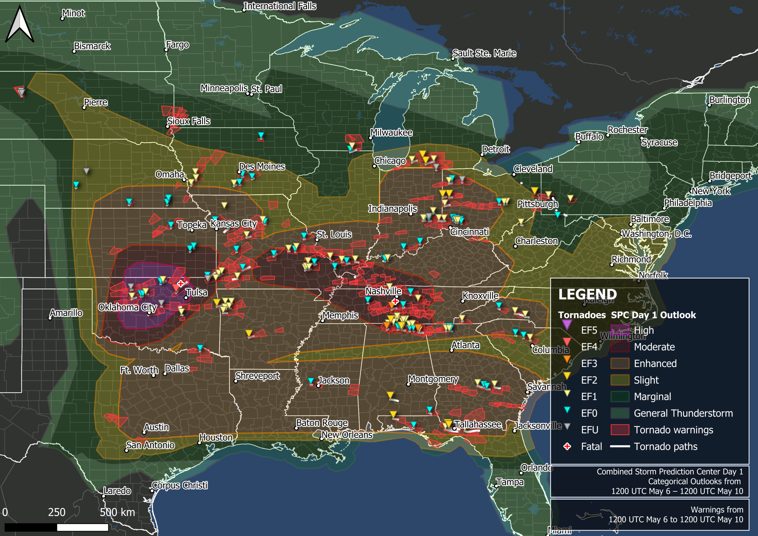 Map of confirmed tornadoes and tornado warnings by the National Weather Service during the tornado outbreak of 6-9 May 2024. Map produced in QGIS. National Weather Service warning outlines available from the Iowa Environmental Mesonet and tornado data available from the National Centers for Environmental Information. Graphic: Wxtrackercody / Wikipedia