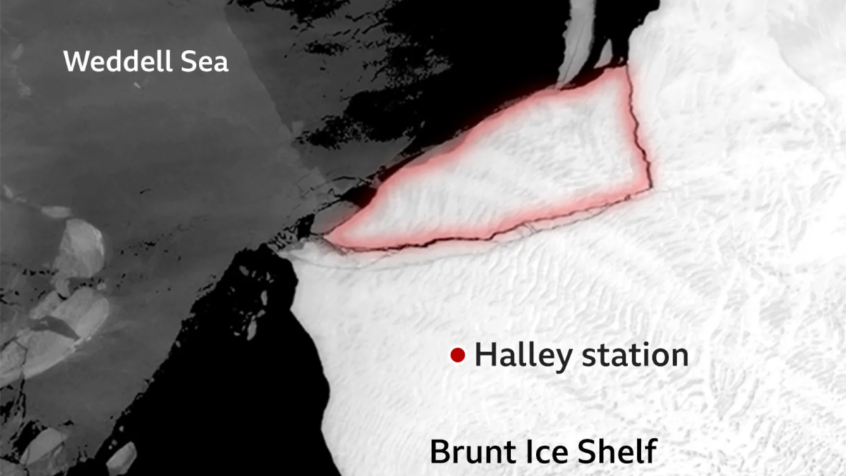 Satellite view of Antarctica’s Brunt Ice Shelf, showing an Isle of Wight-sized iceberg that broke away in May 2024. Satellite imagery shows clear water all around the berg (outlined in red). It is the third such block to calve near the base in the past three years. Photo: British Antarctic Survey