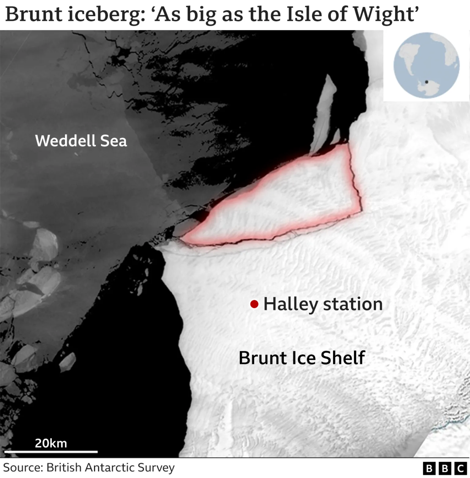 Satellite view of Antarctica’s Brunt Ice Shelf, showing an Isle of Wight-sized iceberg that broke away in May 2024. Satellite imagery shows clear water all around the berg (outlined in red). It is the third such block to calve near the base in the past three years. Photo: British Antarctic Survey