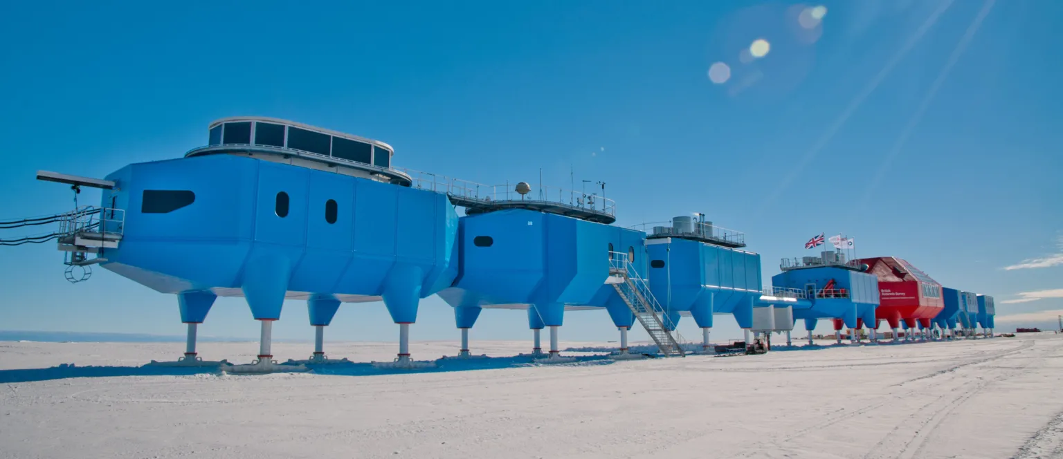 The UK’s Halley research station on top of the Brunt Ice Shelf. Halley was moved in 2017 because of concerns over the way the local ice was behaving. Even so, it is less than 15km from the edge of the Brunt. Photo: British Antarctic Survey