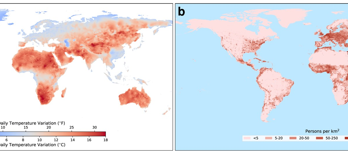 Maps showing daily temperature variation (DTV, a) and population density in the world (b). Graphic: Liu and Smith-Greenaway, 2024 / PNAS Nexus