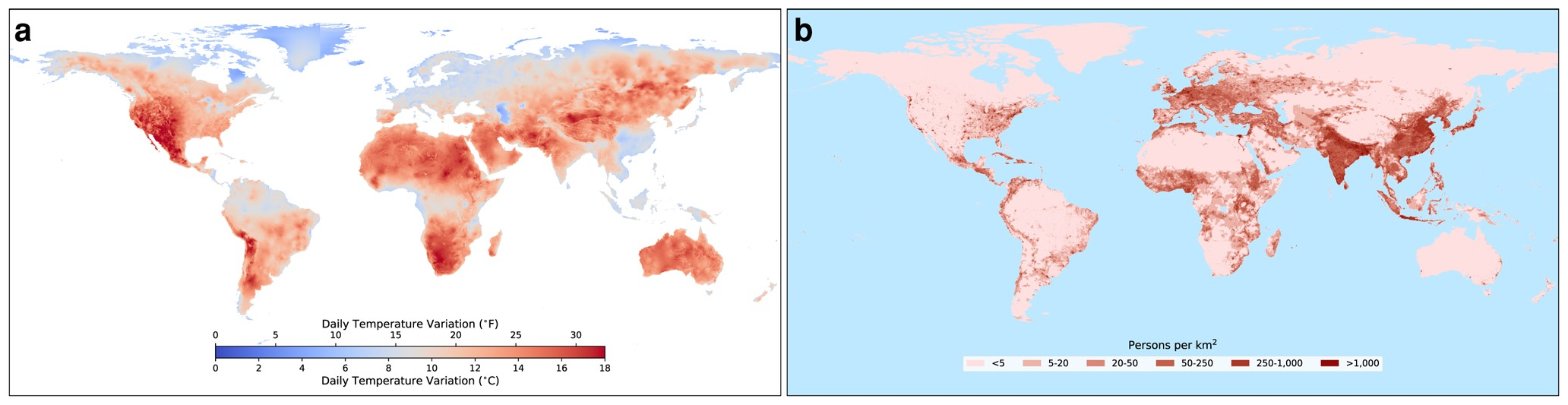 Maps showing daily temperature variation (DTV, a) and population density in the world (b). Graphic: Liu and Smith-Greenaway, 2024 / PNAS Nexus