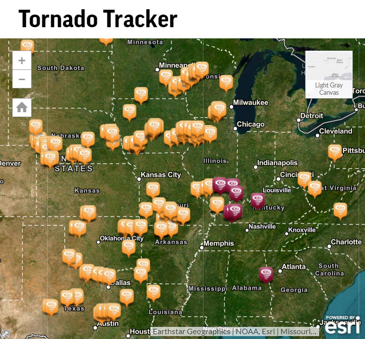 Map showing tornado touchdowns in the United States, 21-27 May 2024. Data: Earthstar Geographics/ NOAA ESRI / Missouri / TomTom / Garmin / FAO / NOAA / USGS / EPA / USFWS. Graphic: AP News