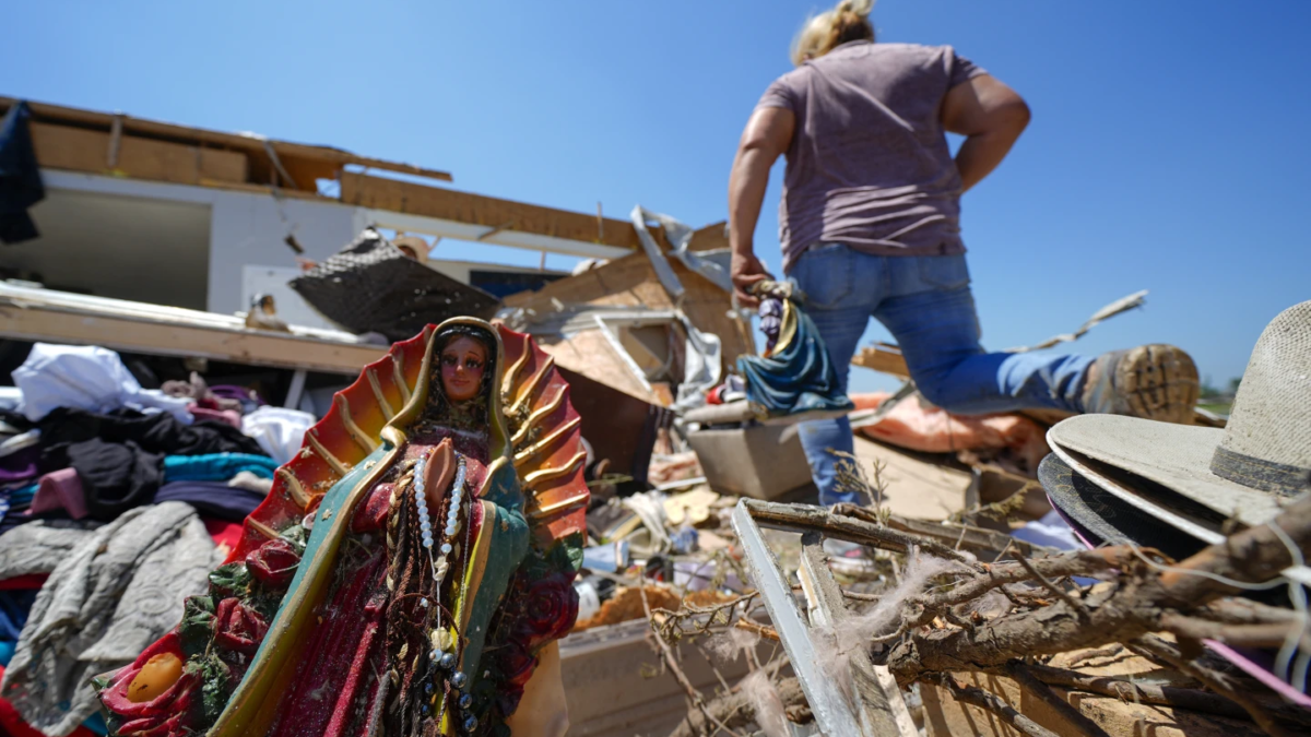 A Guadalupe Virgin statue lays among the rubble of the destroyed home of Juana Landeros, who rode out a deadly tornado with her husband and her 9-year-old son when it rolled through the previous night, Sunday, 26 May 2024, in Valley View, Texas. Powerful storms left a wide trail of destruction Sunday across Texas, Oklahoma and Arkansas after obliterating homes and destroying a truck stop where drivers took shelter during the latest deadly weather to strike the central U.S. Photo: Julio Cortez / AP Photo