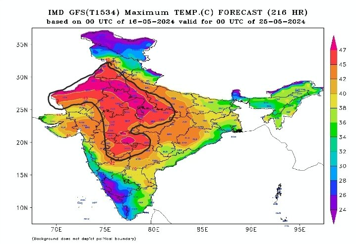 Map showing maximum temperatures in India during the period 16 May 2024 through 25 May 2024. Parts of Rajasthan, Bundelkhand, Madhya Pradesh, and west Haryana  experienced maximum temperature in the range of 45°C to 48°C. Punjab, Delhi NCR, and Uttar Pradesh experienced between 43-46°C. Graphic: Navdeep Dahiya