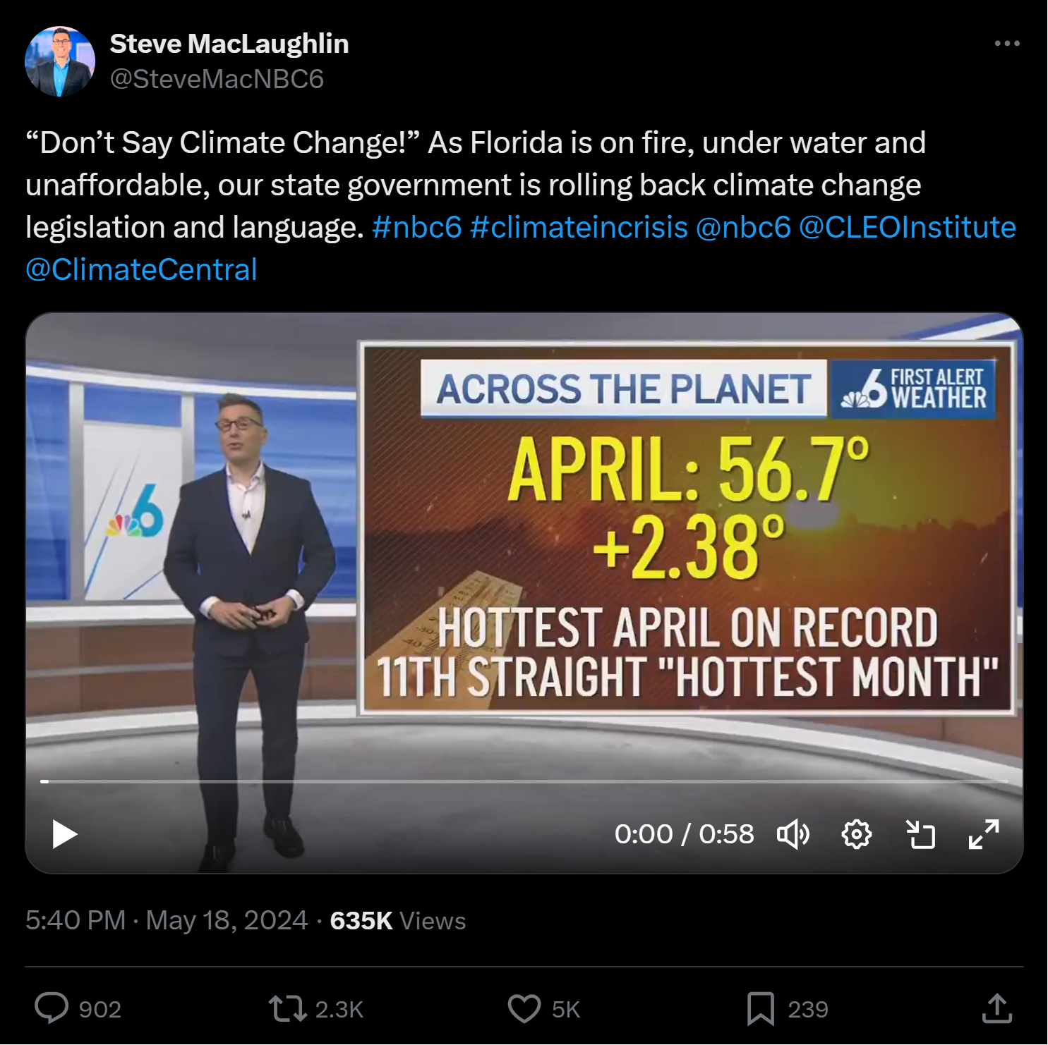 Meteorologist Steve MacLaughlin of Florida’s NBC 6 posted on Twitter / X on 18 May 2024: “Don’t Say Climate Change!” As Florida is on fire, under water and unaffordable, our state government is rolling back climate change legislation and language. Graphic: Steve MacLaughlin