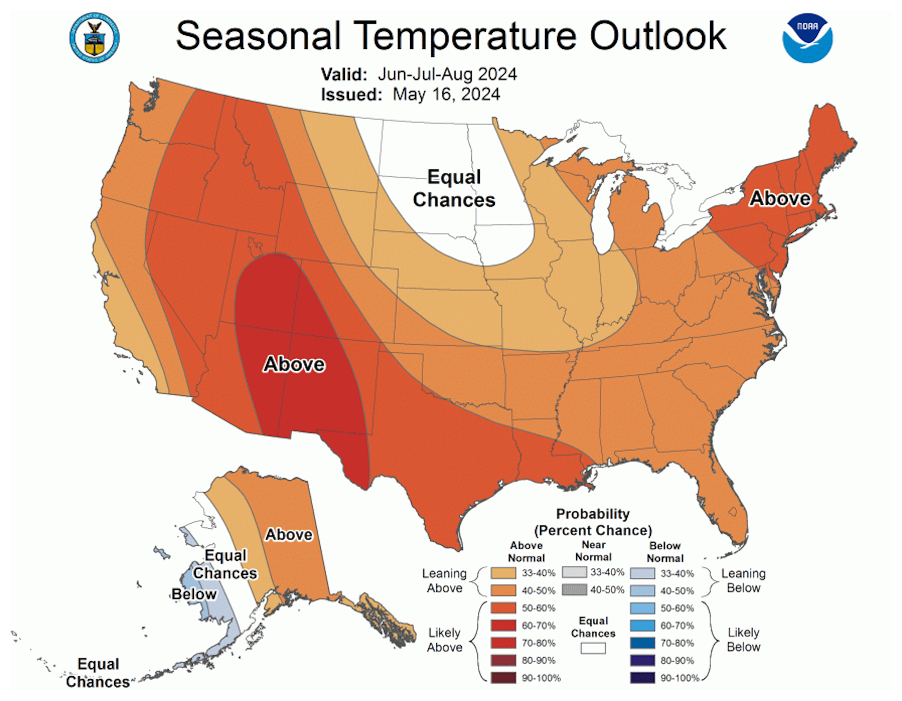 Map showing the U.S. seasonal temperature outlook for summer 2024. Predictions for the 2024 summer season, released by NOAA’s Climate Prediction Center, for June, July, and August, indicated nearly every U.S. state with leaning toward a hotter-than-normal summer season. The highest chances were found in the West, where Utah, Arizona, New Mexico, and parts of Colorado had a 60 percent to 70 percent chance of above-average temperatures over the next three months. Graphic: NOAA