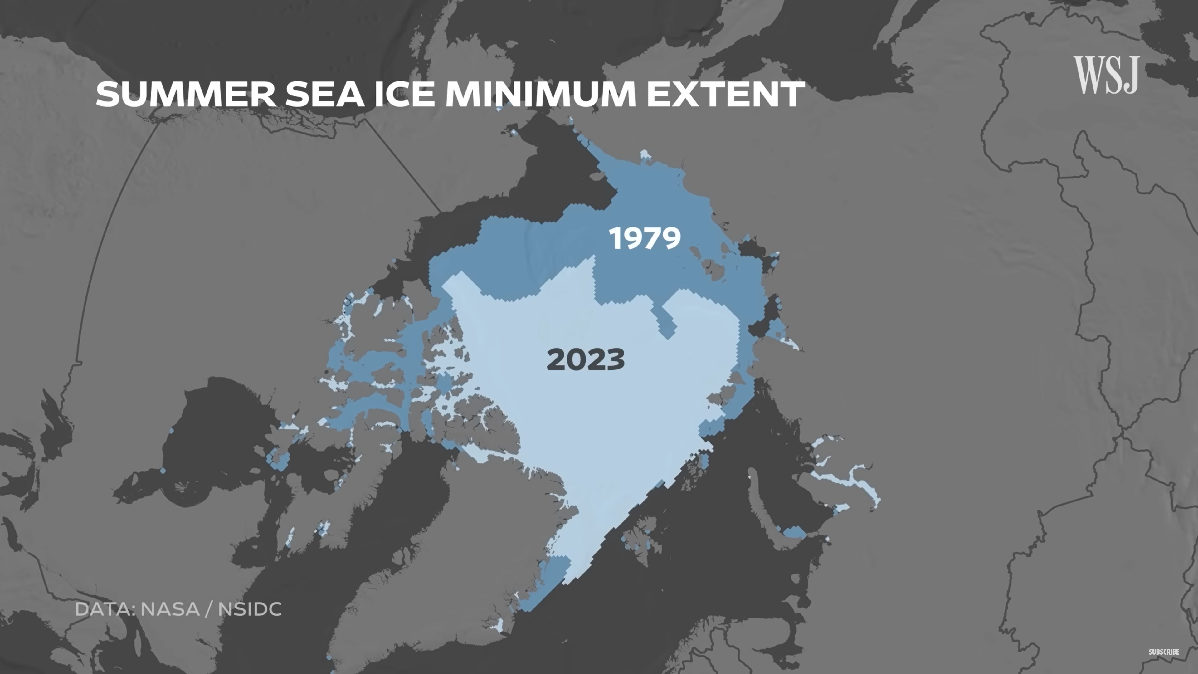 Map showing summer Arctic sea ice minimum extent in 1979 and 2023. Since satellite records began in 1979, summer Arctic sea ice has shrunk by around 13 percent per decade. Data: NASA / NSIDC. Graphic: The Wall Street Journal