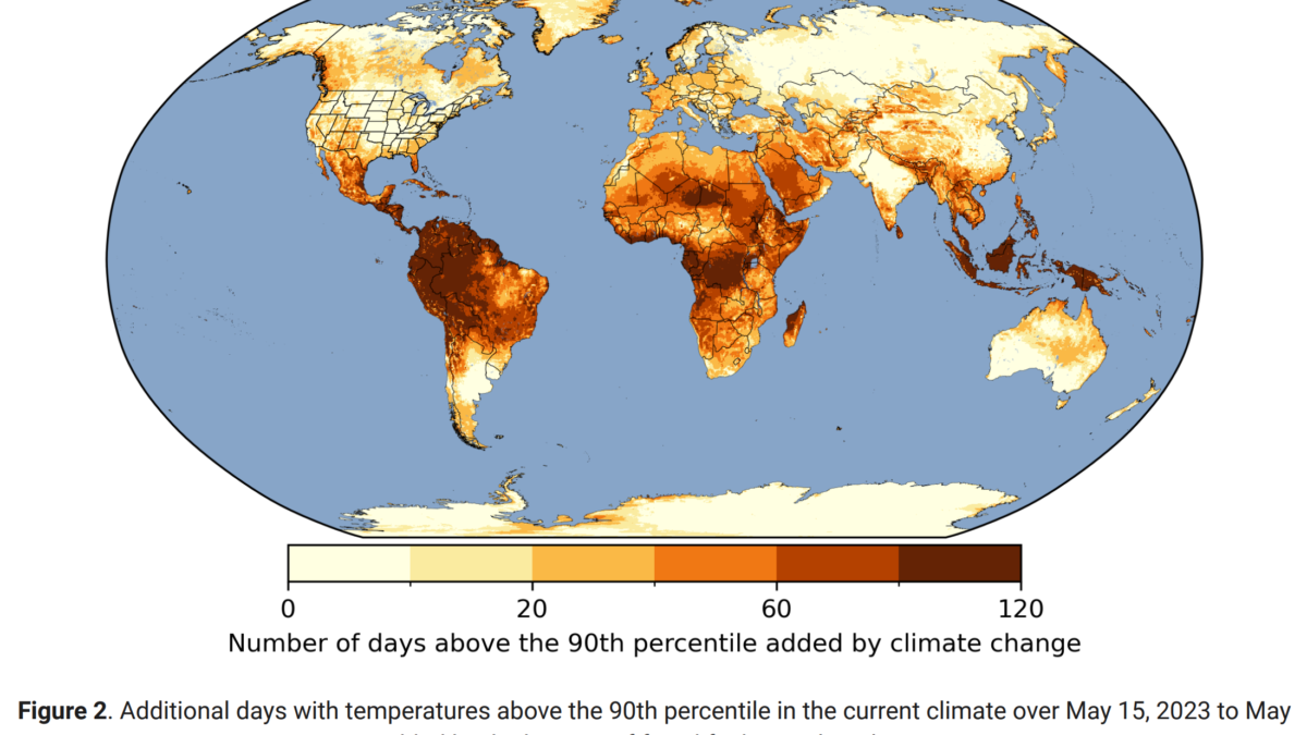 Map showing additional days with temperatures above the 90th percentile in the current climate over 15 May 2023 to 15 May 2024, added by the burning of fossil fuels. Produced 21 May 2024. Graphic: Climate Central