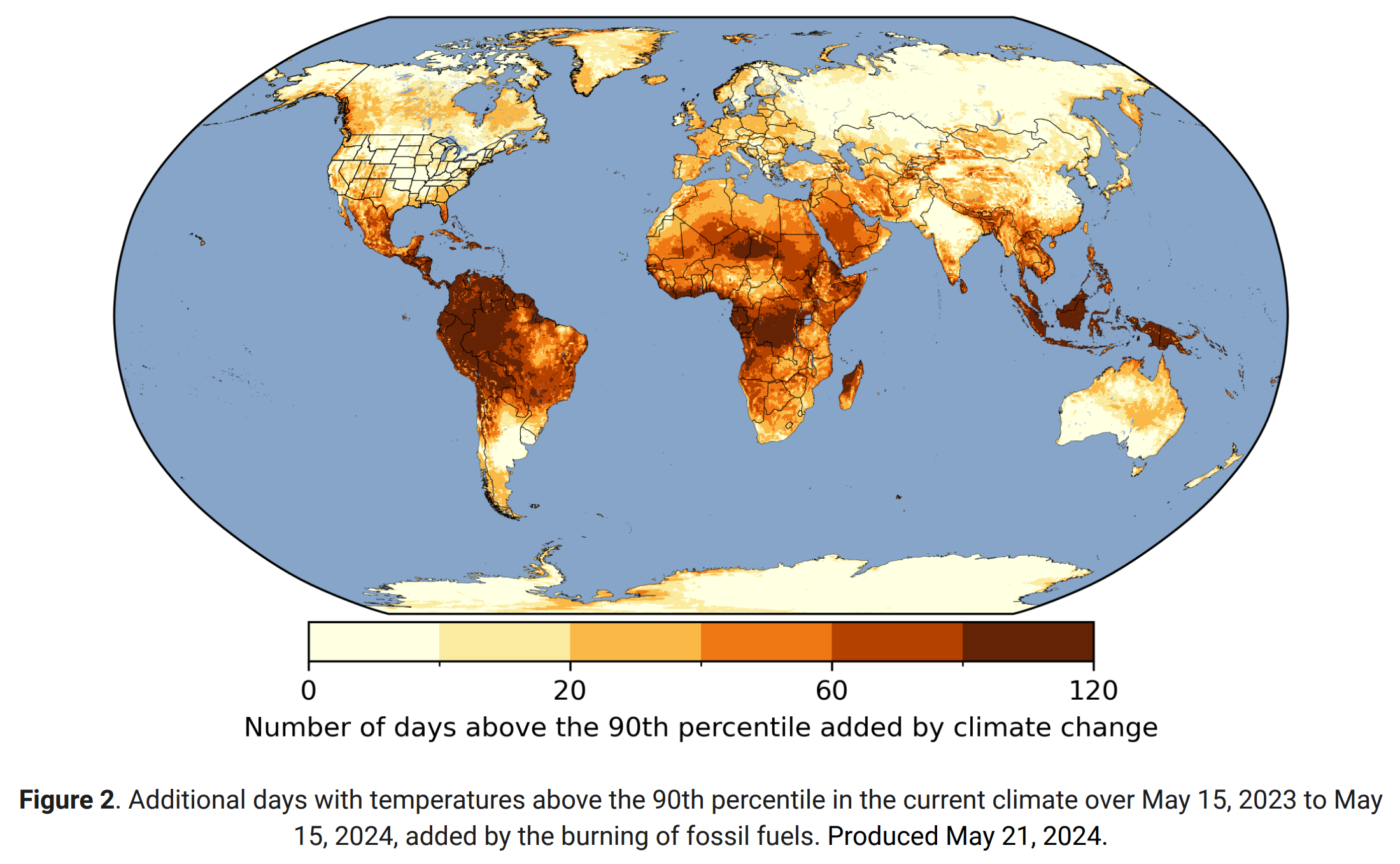 Map showing additional days with temperatures above the 90th percentile in the current climate over 15 May 2023 to 15 May 2024, added by the burning of fossil fuels. Produced 21 May 2024. Graphic: Climate Central