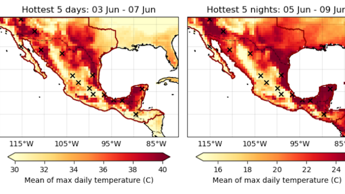 Map showing hottest 5-day period for maximum daytime temperatures (left) and maximum nighttime temperatures (right) in Mexico for 3 June 2024 - 9 June 2024. The thick black contour shows the study region. Black crosses show the locations where impacts or temperature records have been reported. Data: ERA5. Graphic: World Weather Attribution